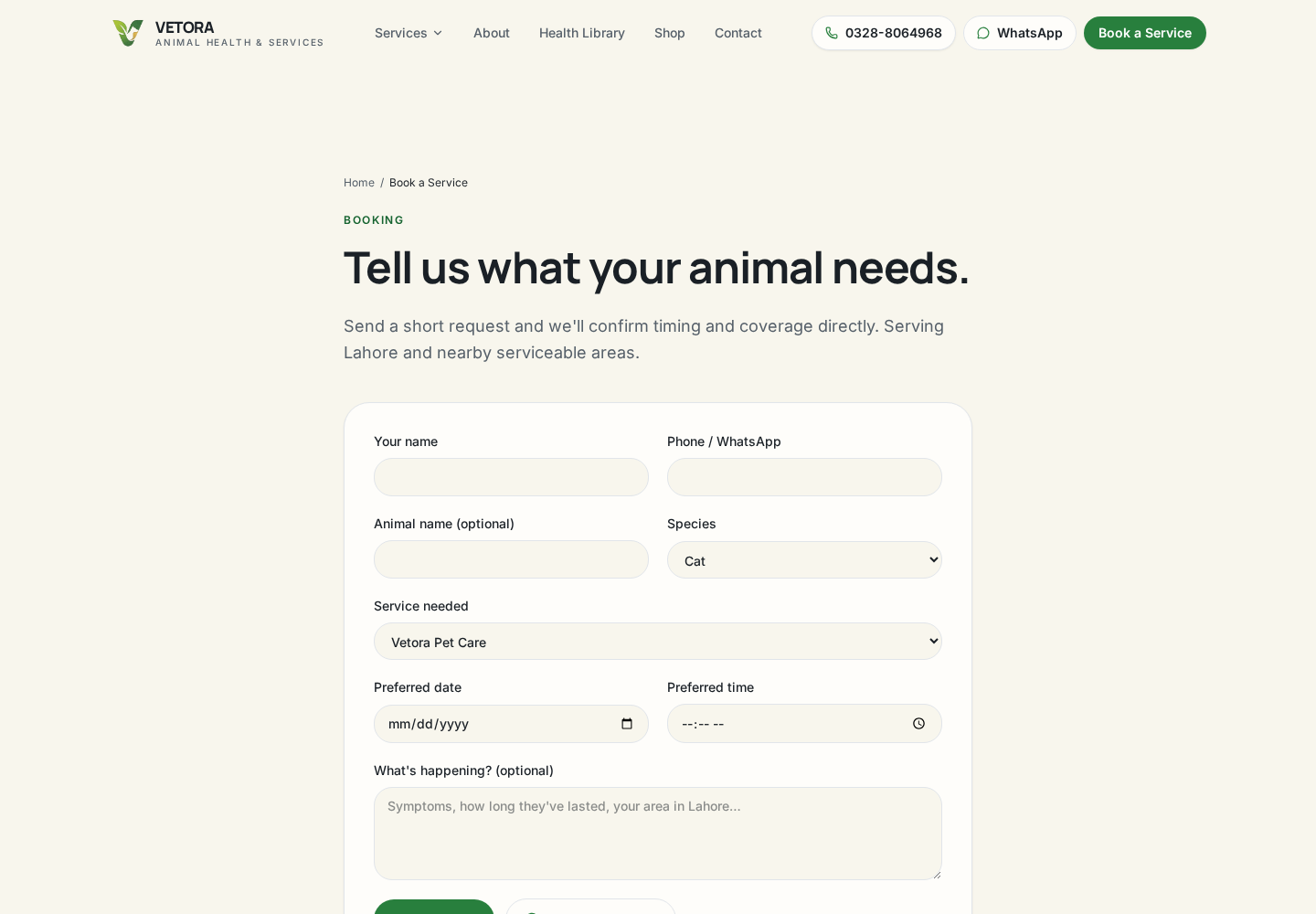 Vetora Animal Health & Services — Booking request flow