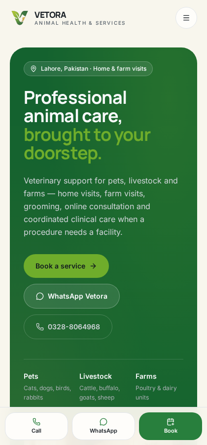 Vetora Animal Health & Services — Homepage — mobile